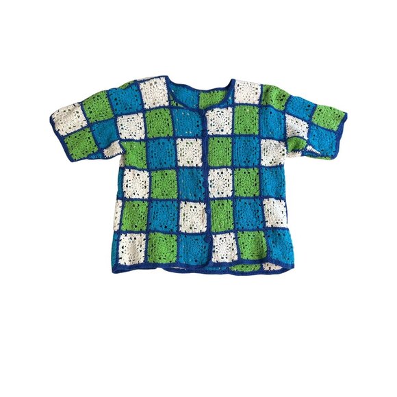 Handmade Crochet Medium Short-Sleeve Patchwork Cardigan Sweater In Blue Green & - Picture 2 of 8